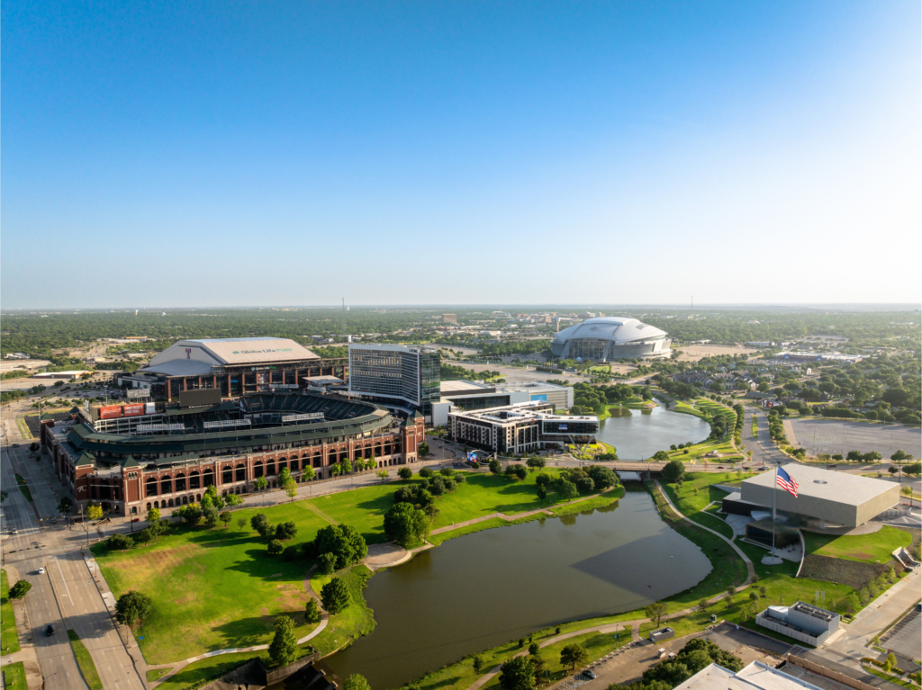 Aerial view of the Entertainment District from August 2025.