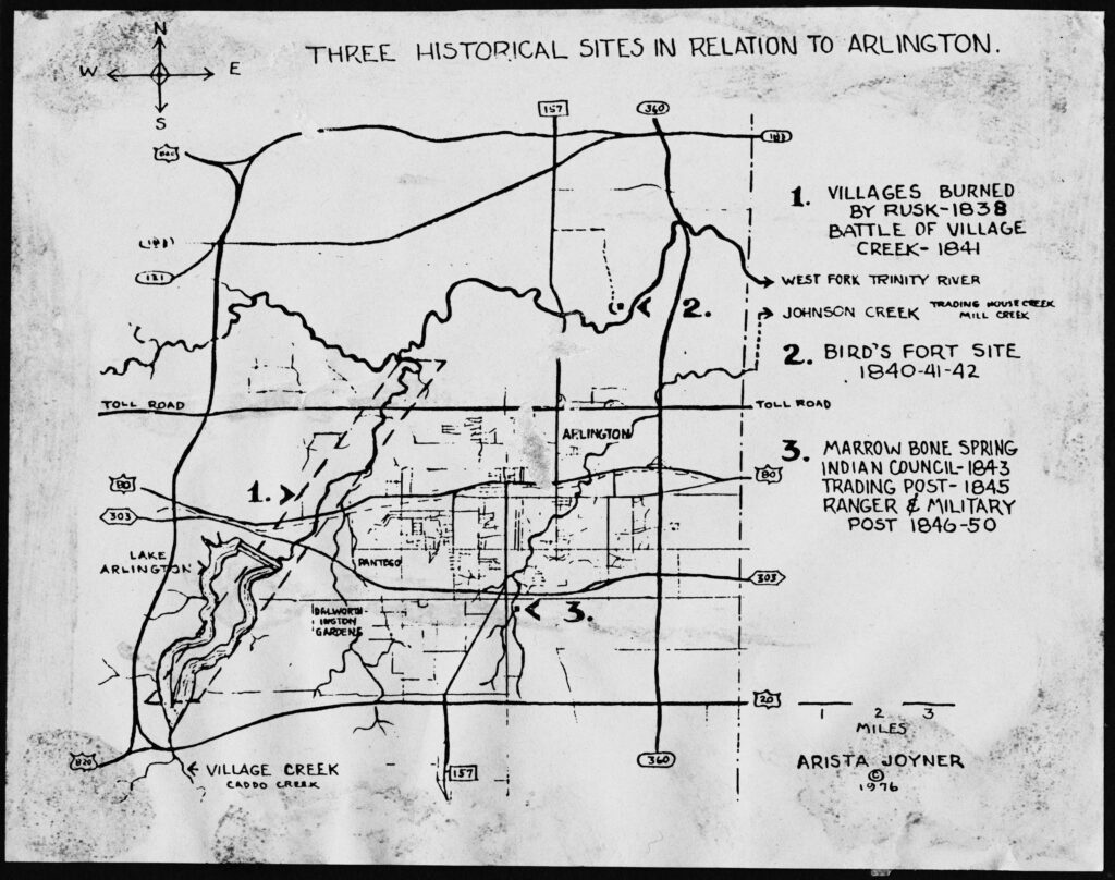 Hand-drawn map of area in eastern Tarrant County where Arlington is: "Three Historical Sites in Relation to Arlington" drawn by Arista Joyner in 1976.