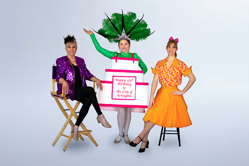 Two women sitting and a women with a birthday cake that says "Happy 150th Birthday to The City of Arlington."
