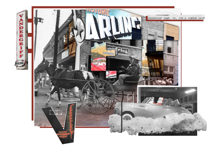 Photo illustration of the Vandergriff Building throughout its history.