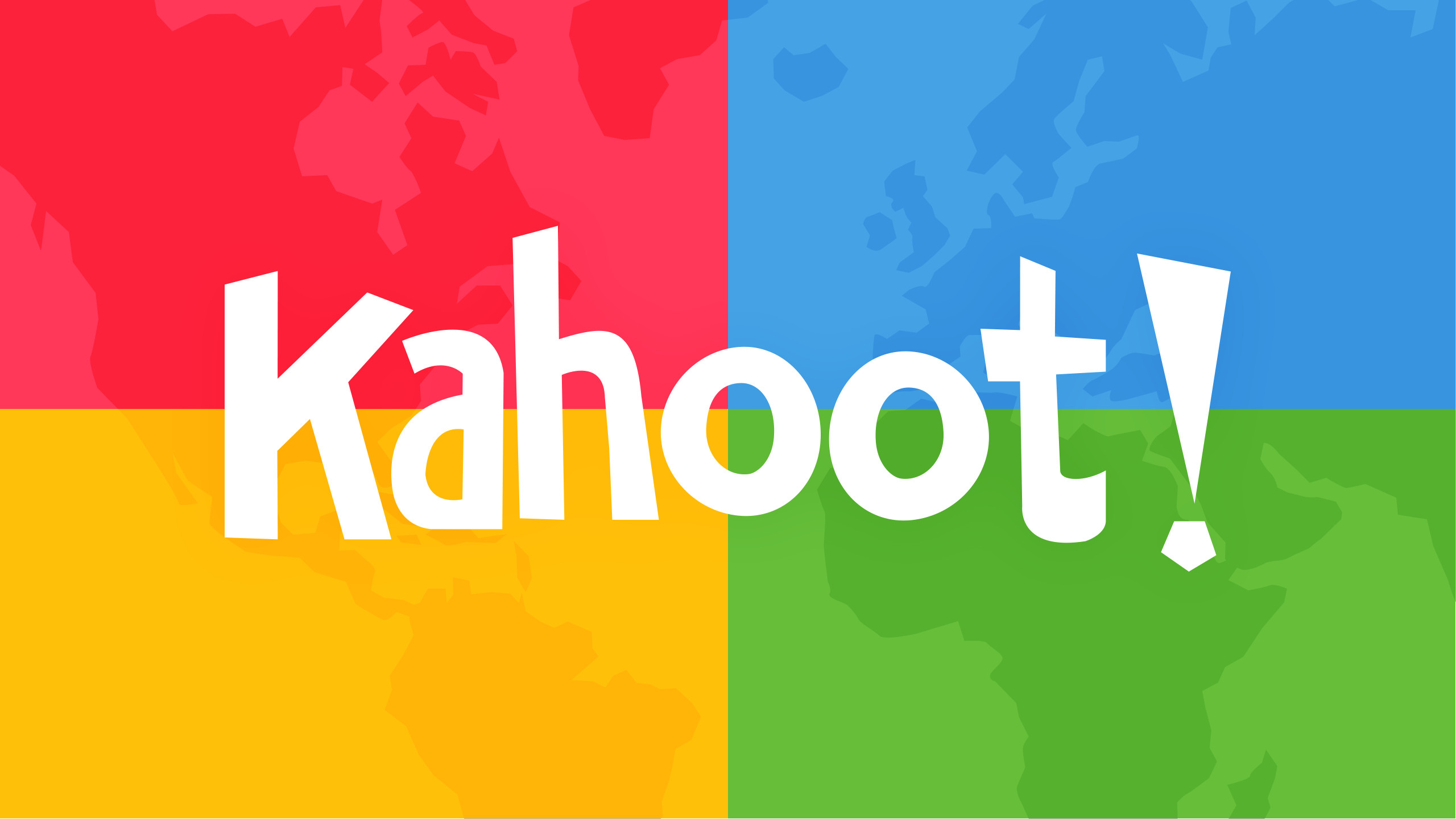 Word "Kahoot!" with background of rectangle map split into four squares of red, blue, yellow and green.