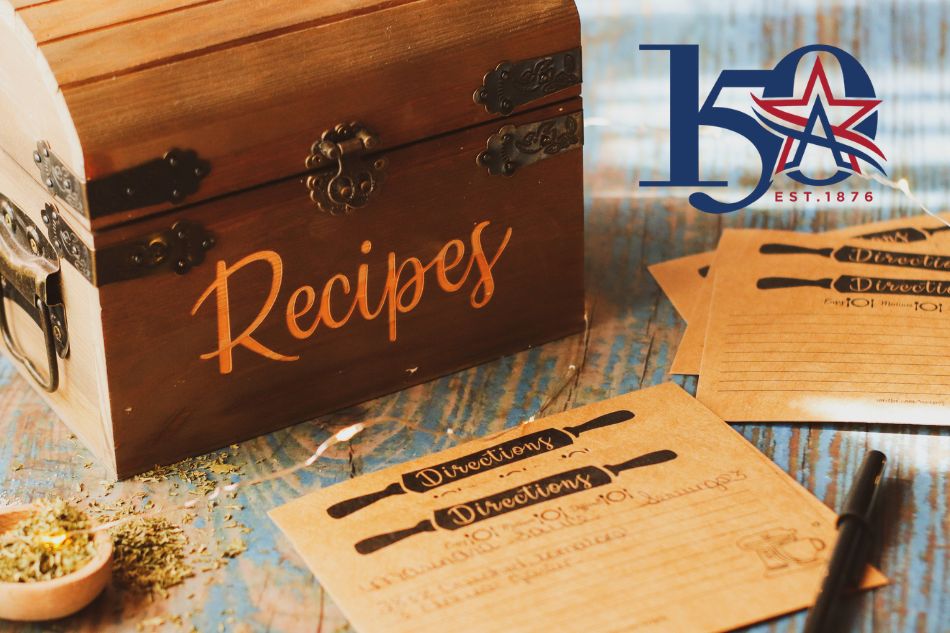 Box that says "recipes" with recipe cards in the foreground and the Arlington150 logo in the top right corner of the image.