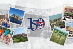 Photos of historic Arlington with the city's sesquicentennial logo in the middle.