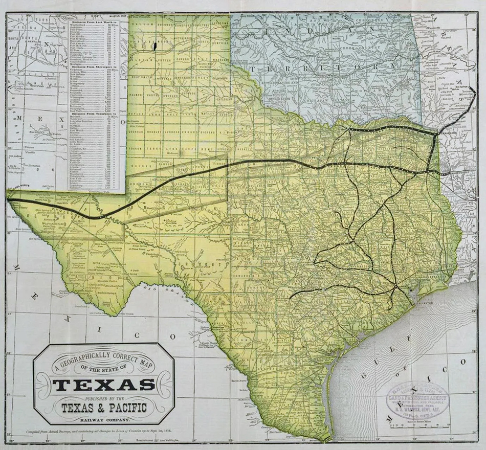 1876 Route marked in black going east to west is the main Texas & Pacific railroad line.