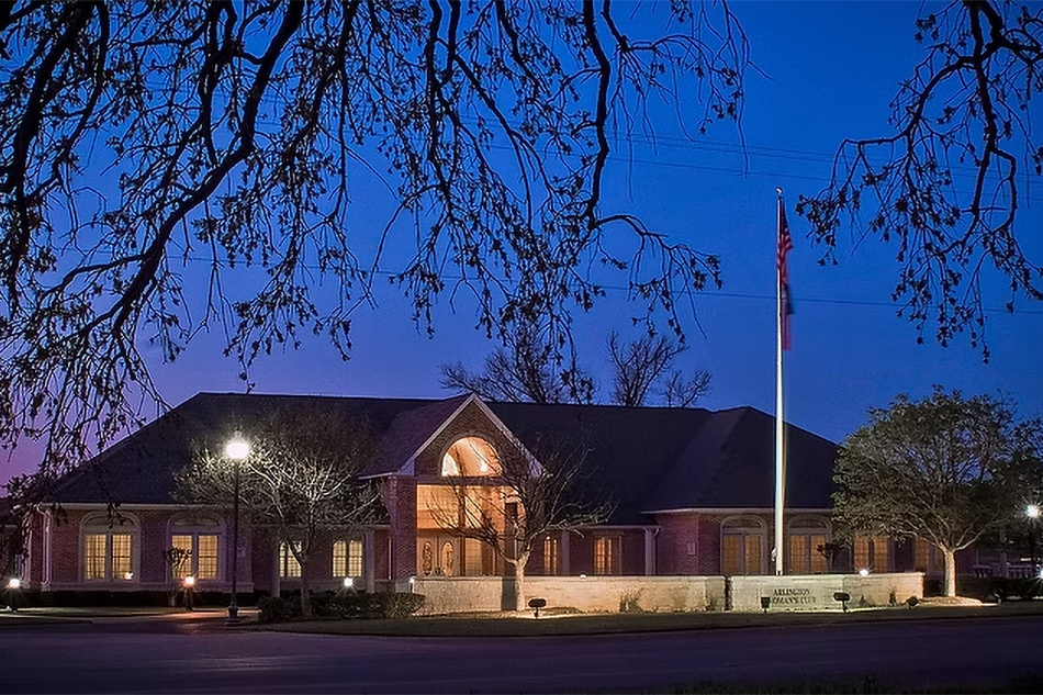 Exterior night shot of the Arlington Woman's Club located at 1515 W. Abram St.