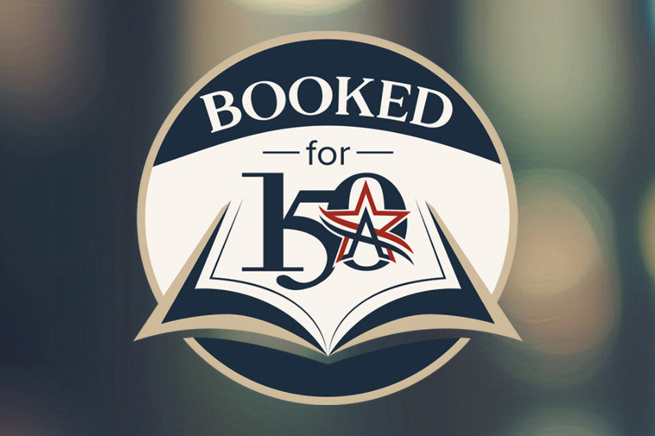 A book opened with Arlington's Sesquicentennial logo that reads "Booked for 150."