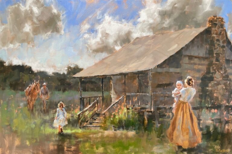 "Great-Great Grandfather's Cabin," an oil painting of the Jopling-Melear Cabin by Judy Gelfert.