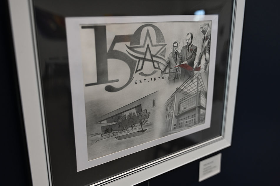 Pencil sketch artwork depicting the the City of Arlington's 150th logo, former Mayor Tom Vandergriff and other former city dignitaries, the former Downtown Library and current George W. Hawkes Downtown Library.